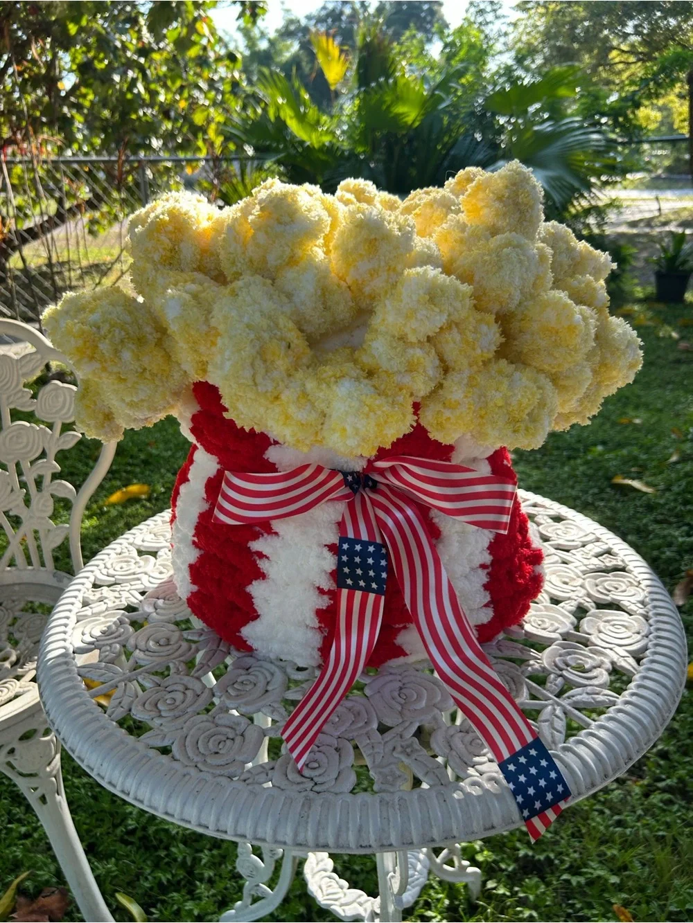 Hand Crafted Red White & Yellow Pom-Pom Decorative Throw Accent